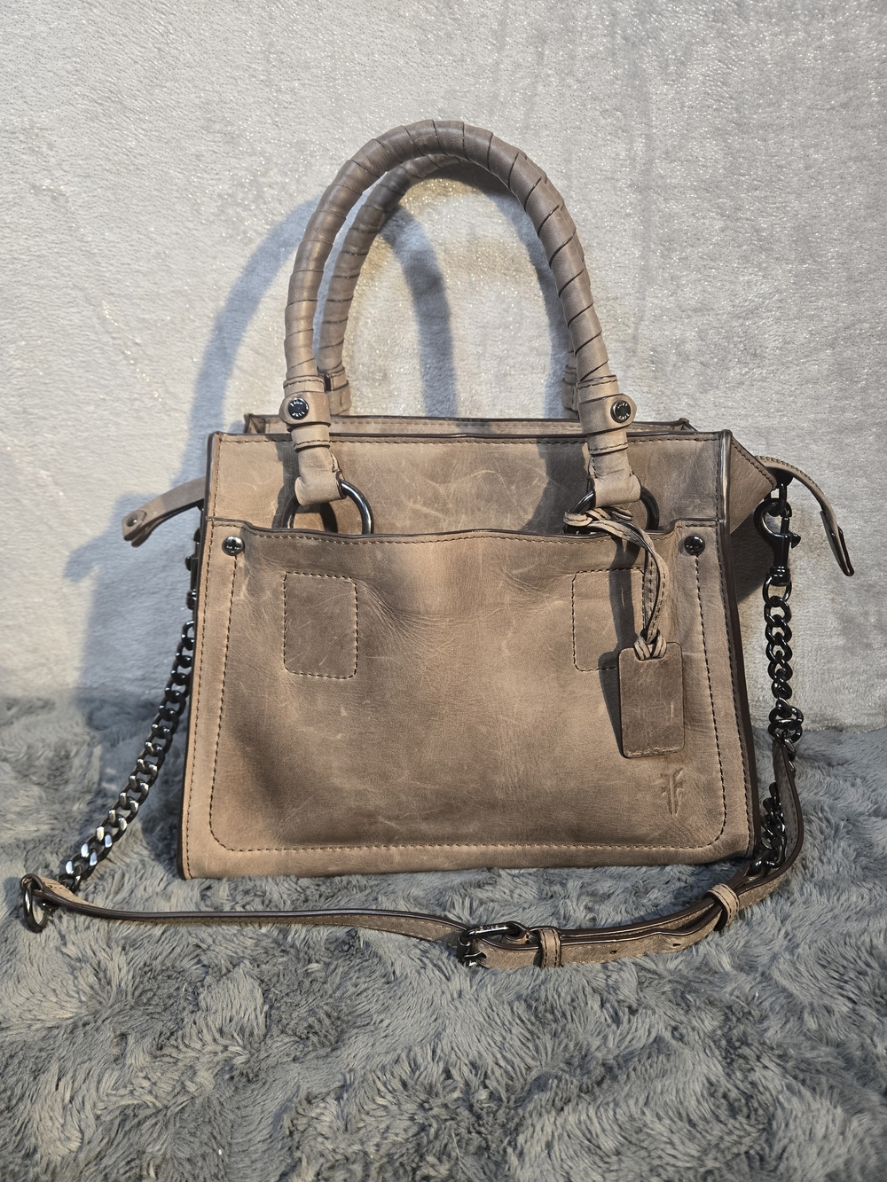 Frye Taupe/Tan Leather Satchel with Chain Strap
